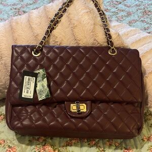Badgley Mischka Quilted Shoulder Bag in Deep Burgundy with small flaw